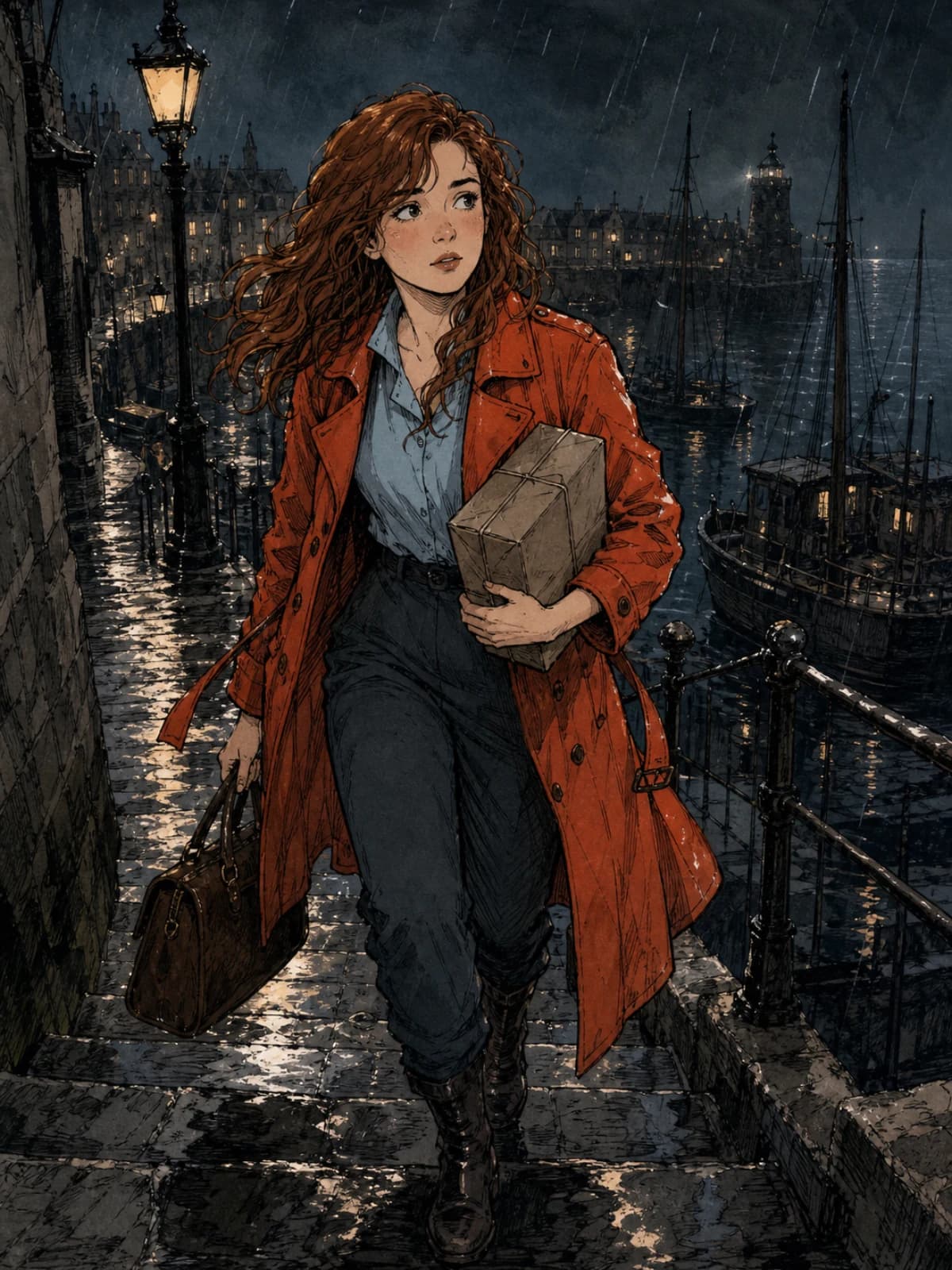 Panel 1 drifted: the coat, hair and face have all changed