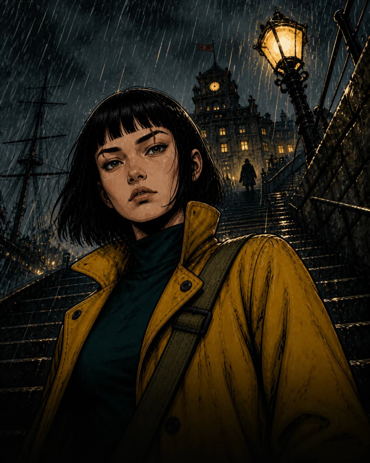 The same scene as a 4:5 social tile: Mira on the harbour stairs seen from below, mustard coat and lamp flare