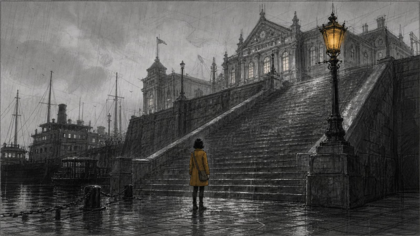 The same scene as a 16:9 storyboard frame: grey marker wide shot of Mira at the base of the harbour stairs with a camera push-in arrow