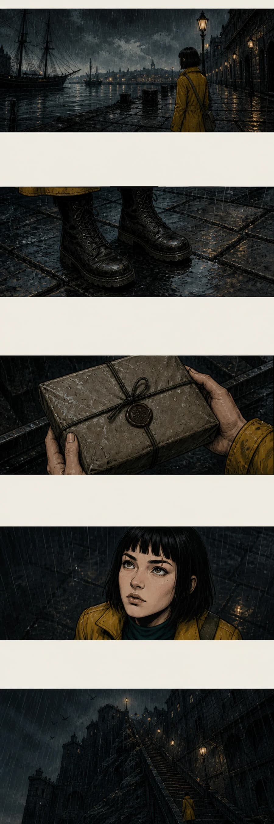 The same scene as a vertical webtoon scroll: five wide images stacked with large off-white gaps between them