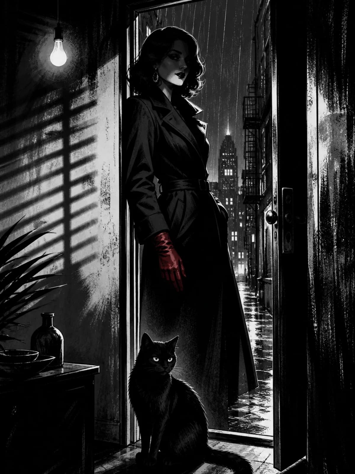 Nine Lives of Ada: high-contrast noir, a woman in a doorway with a black cat