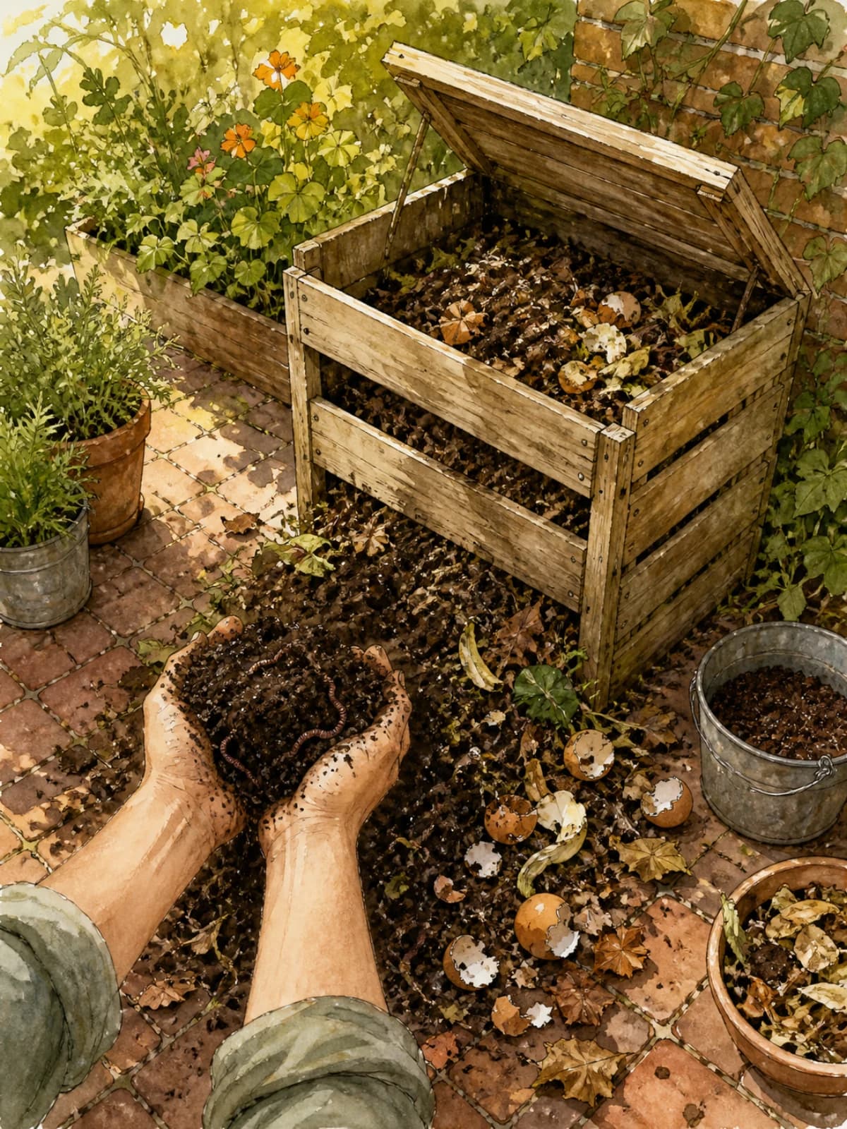 How Compost Works: a watercolour garden corner, compost bin open, bare forearms lifting a handful of dark soil