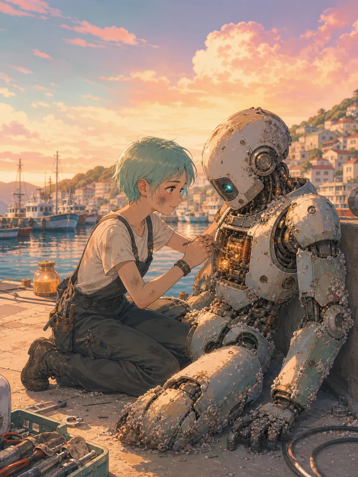 Salt & Circuit Episode 1: a green-haired mechanic repairing a salt-crusted robot on a pier at golden hour