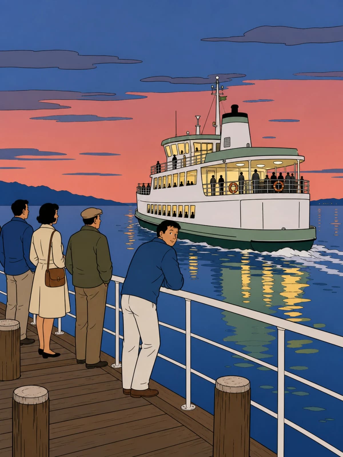 Ferry at Dusk: ligne claire commuter ferry leaving a jetty at dusk, passengers along the rail