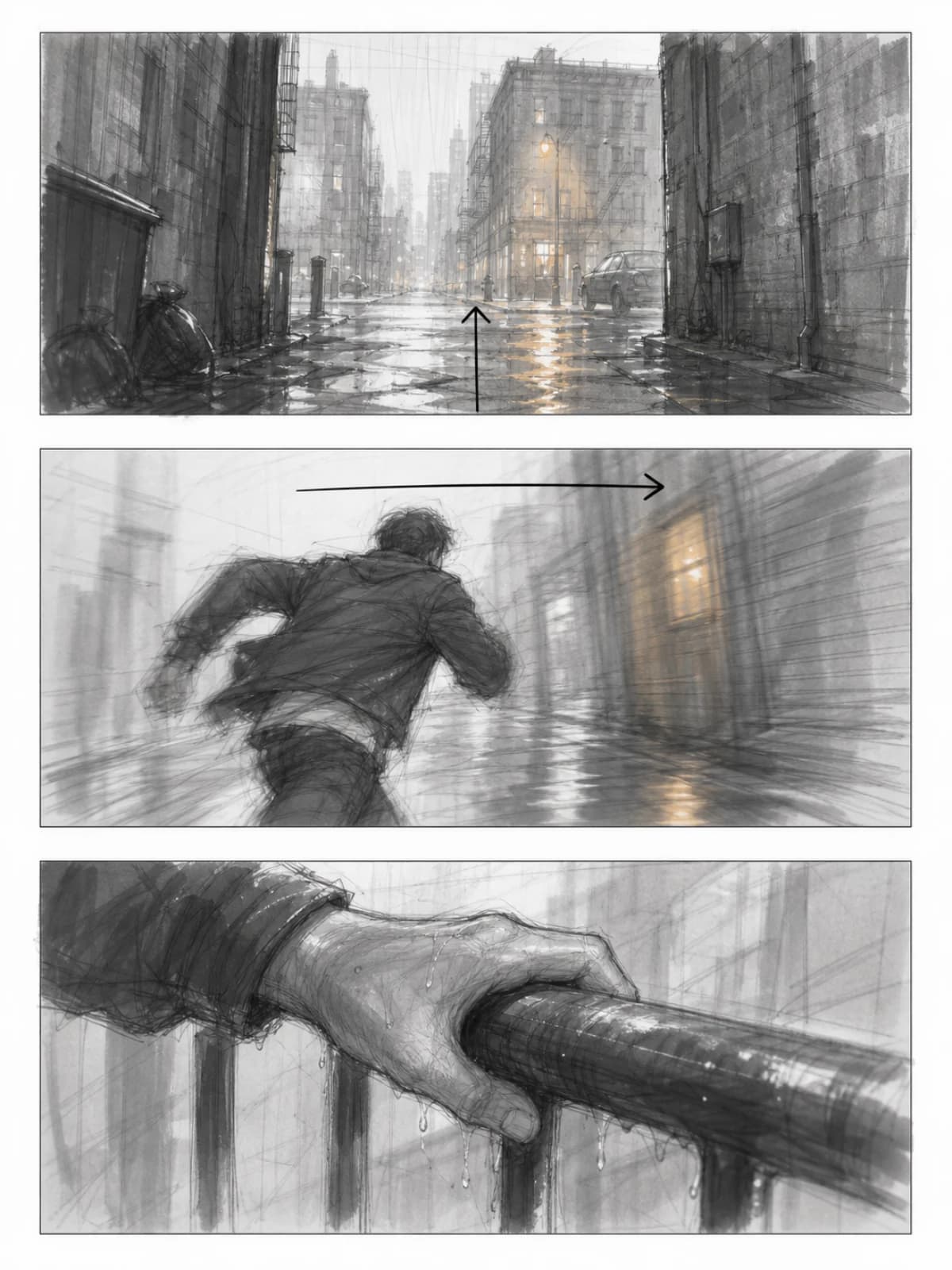 Storyboard: Cold Open — three grey marker storyboard frames with camera arrows
