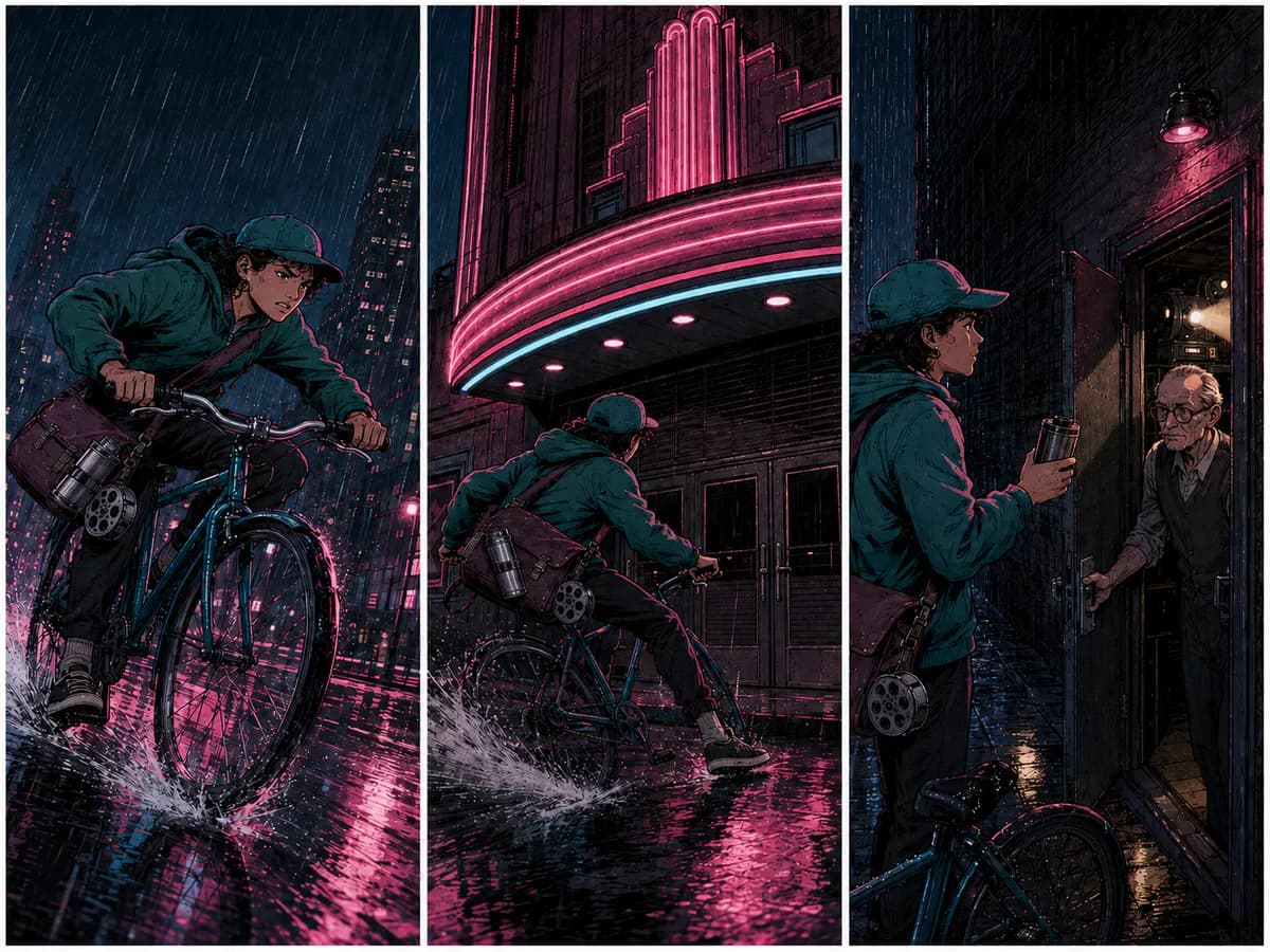 A bicycle courier stops outside a cinema