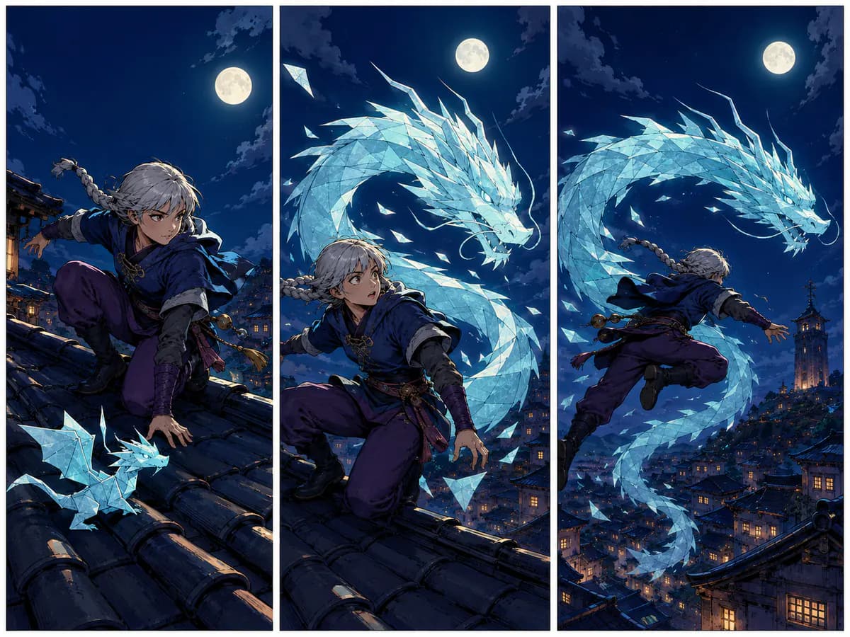 A rooftop chase with a luminous paper dragon