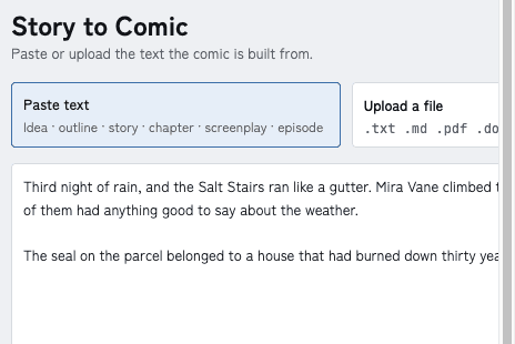 Story to Comic wizard, Source step: paste text or upload a file, text status Complete, fidelity Preserve closely