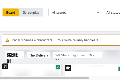 Storyboard — panels with acceptance state, one still generating