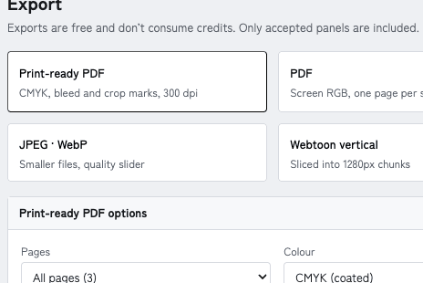 Export — format options and a page preview