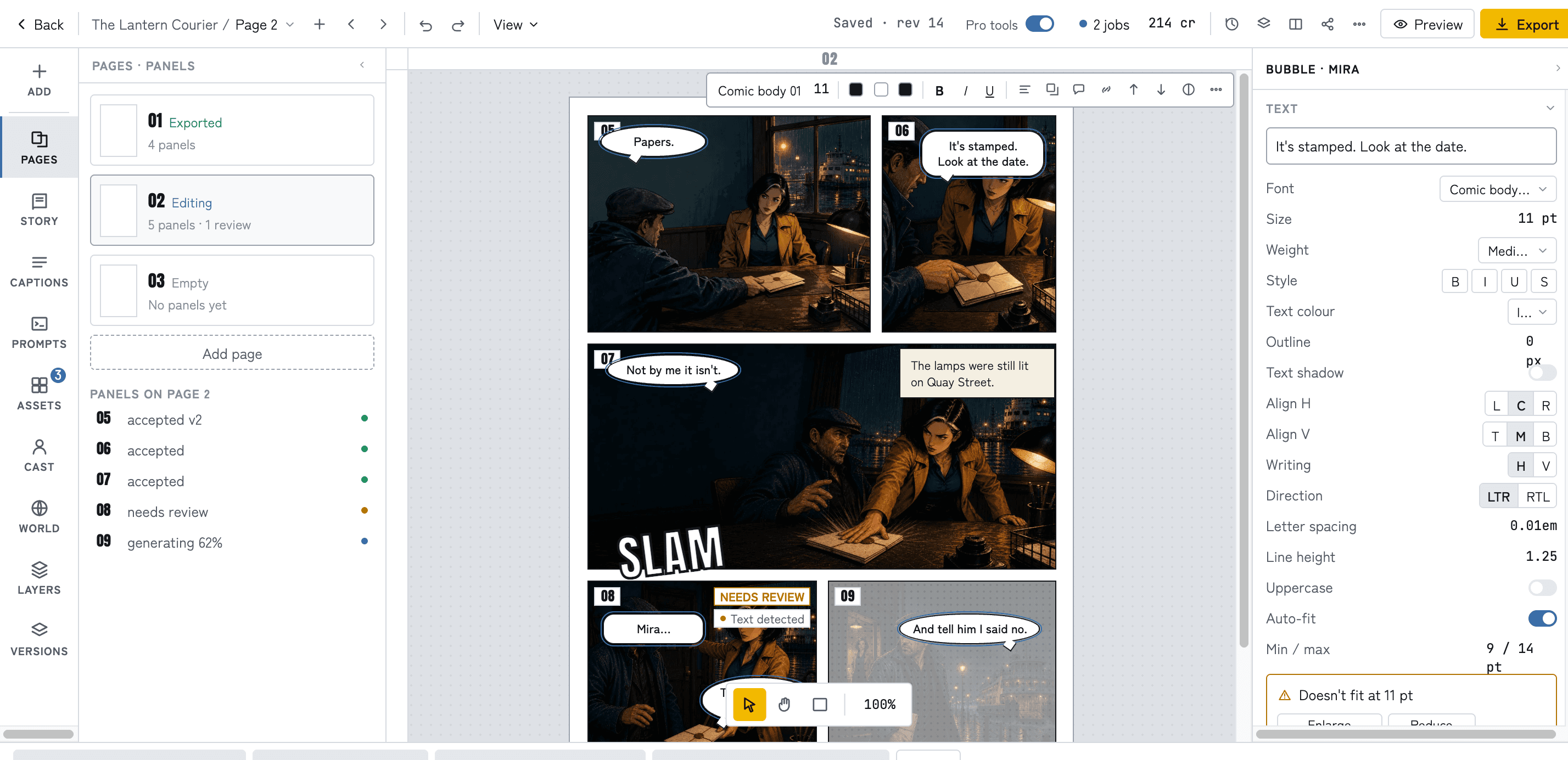 ComicWave Studio: page 2 of The Lantern Courier with a speech bubble selected, the bubble and tail inspector open on the right, the floating text toolbar above the page, and the Copilot bar underneath.