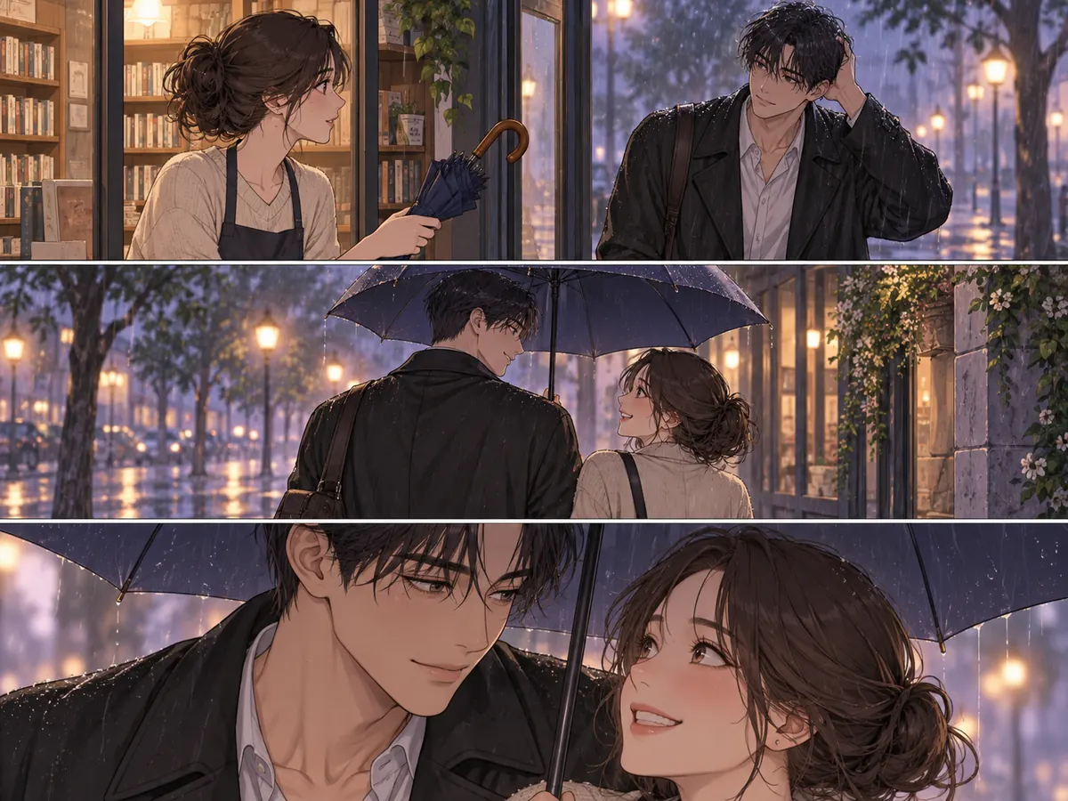 Farbige Manhwa-Folge: Begegnung vor einer Buchhandlung im Regen