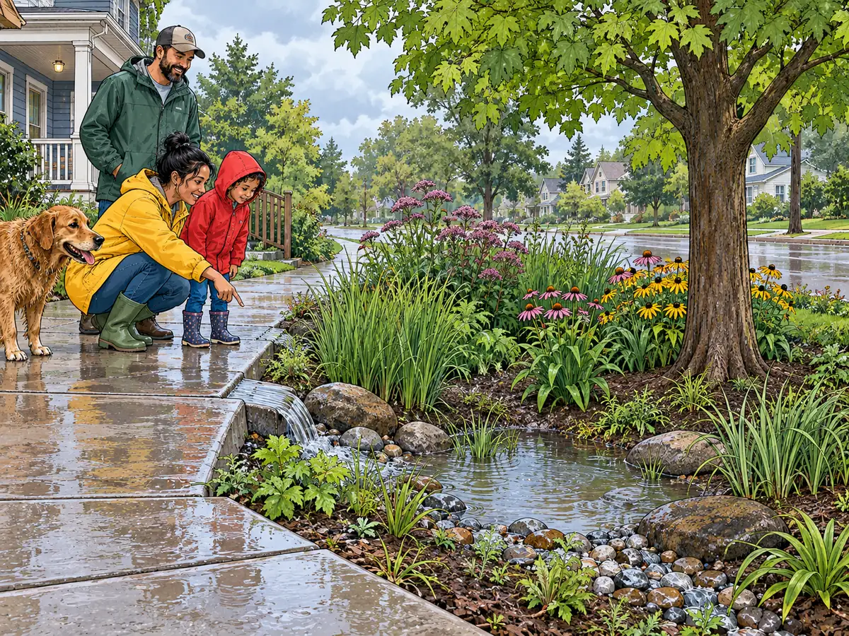 Artikeladaption als Bildstudie: Nachbarn legen einen Regengarten neben einem überfluteten Weg an
