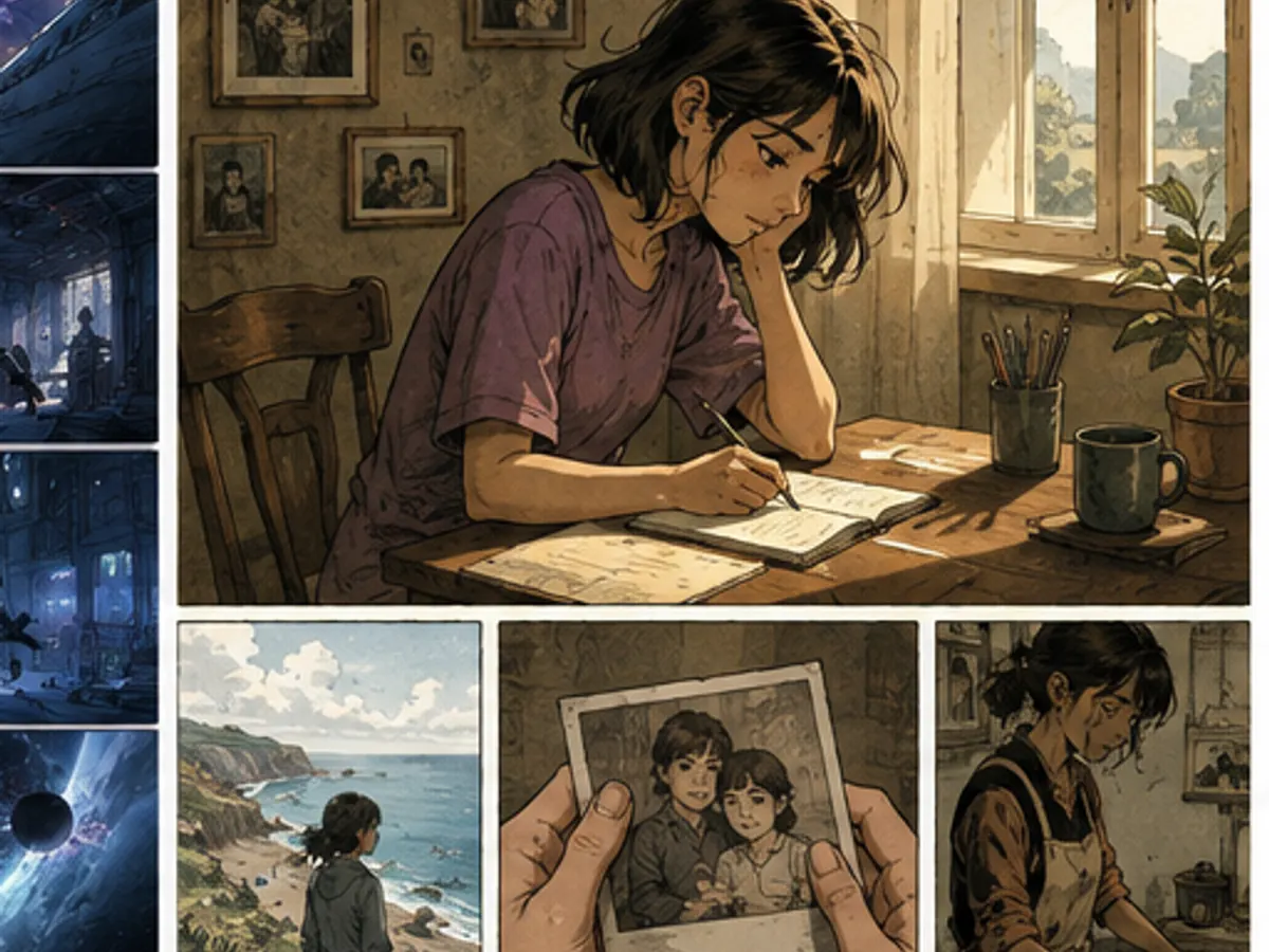 Nachdenkliche autobiografische Comicszene an einem Schreibtisch