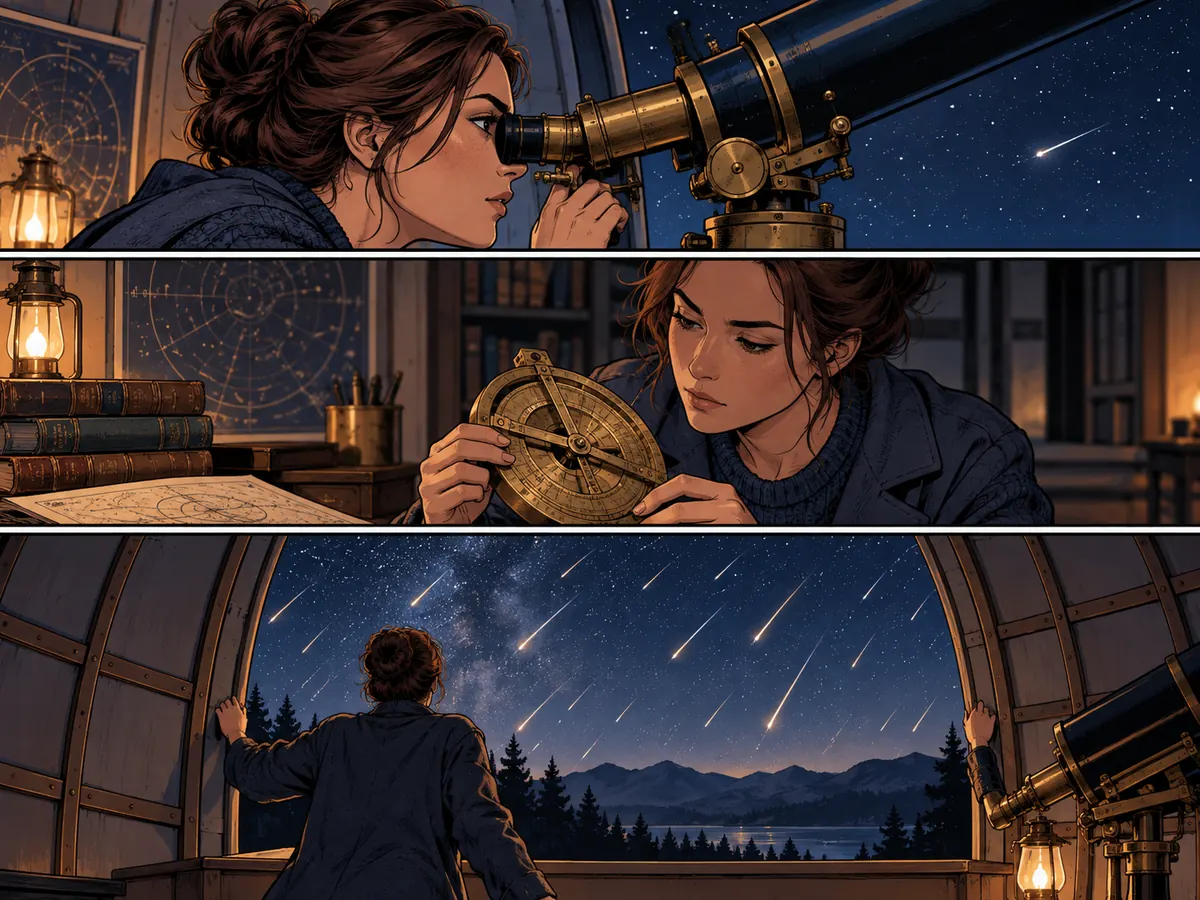 Comic-Seitenstudie: Entdeckung in einer Sternwarte in drei Momenten