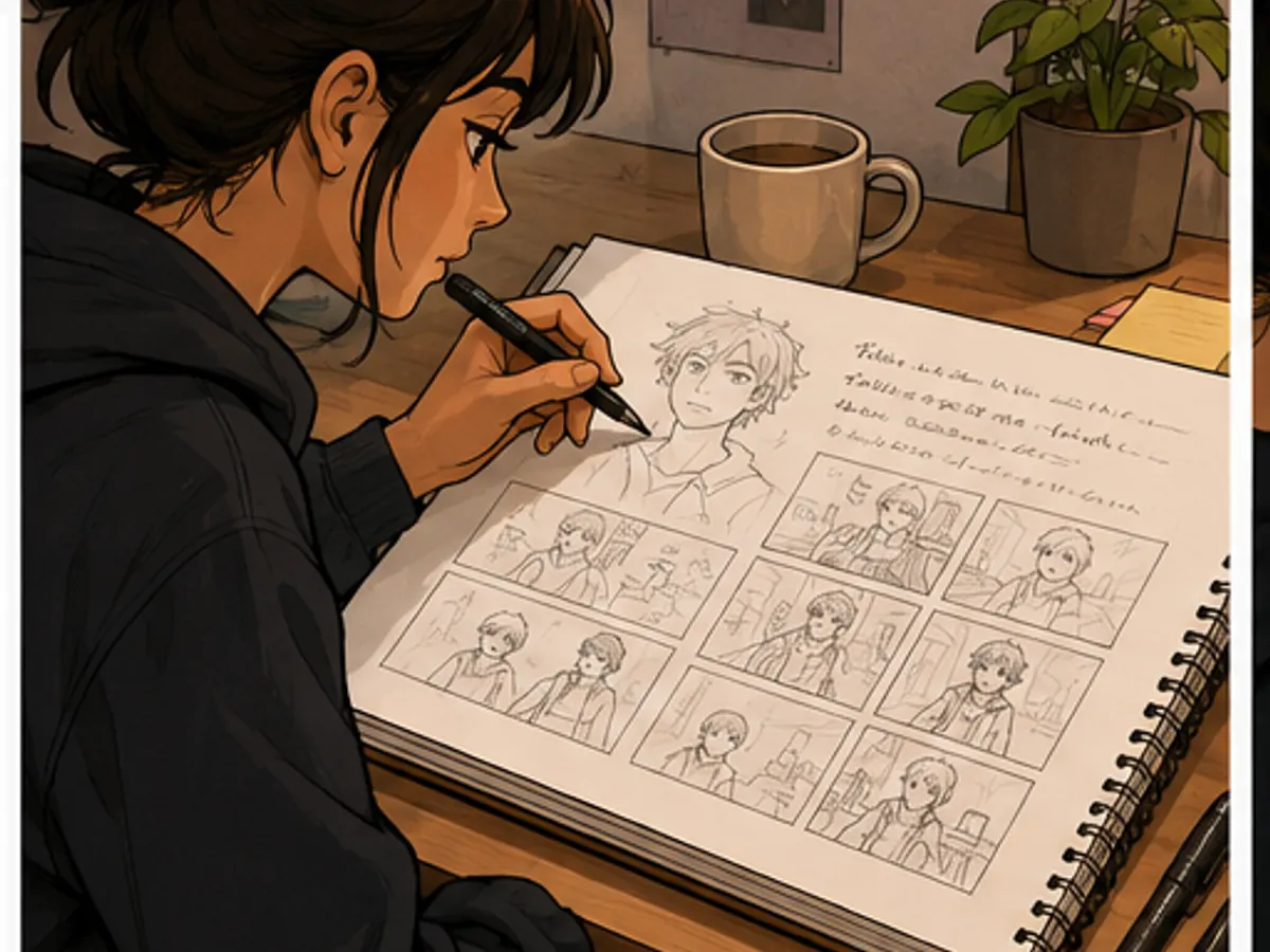 Creador esbozando momentos de la historia y miniaturas en un cuaderno