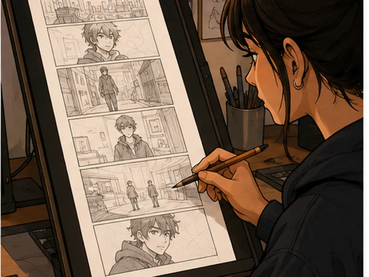 Creador organizando un storyboard de cómic vertical en una tableta