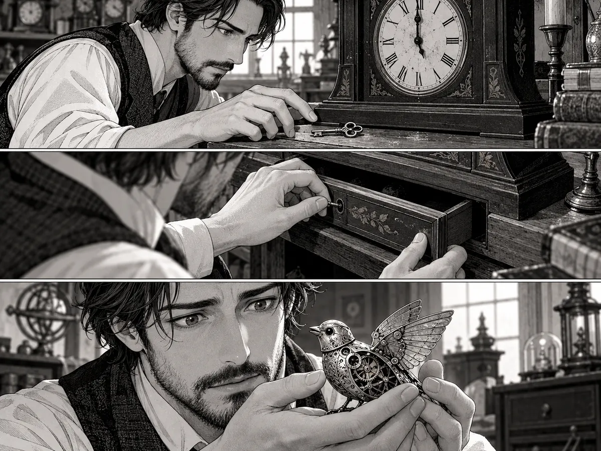 Estudio de adaptación manga: un relojero descubre un pájaro mecánico