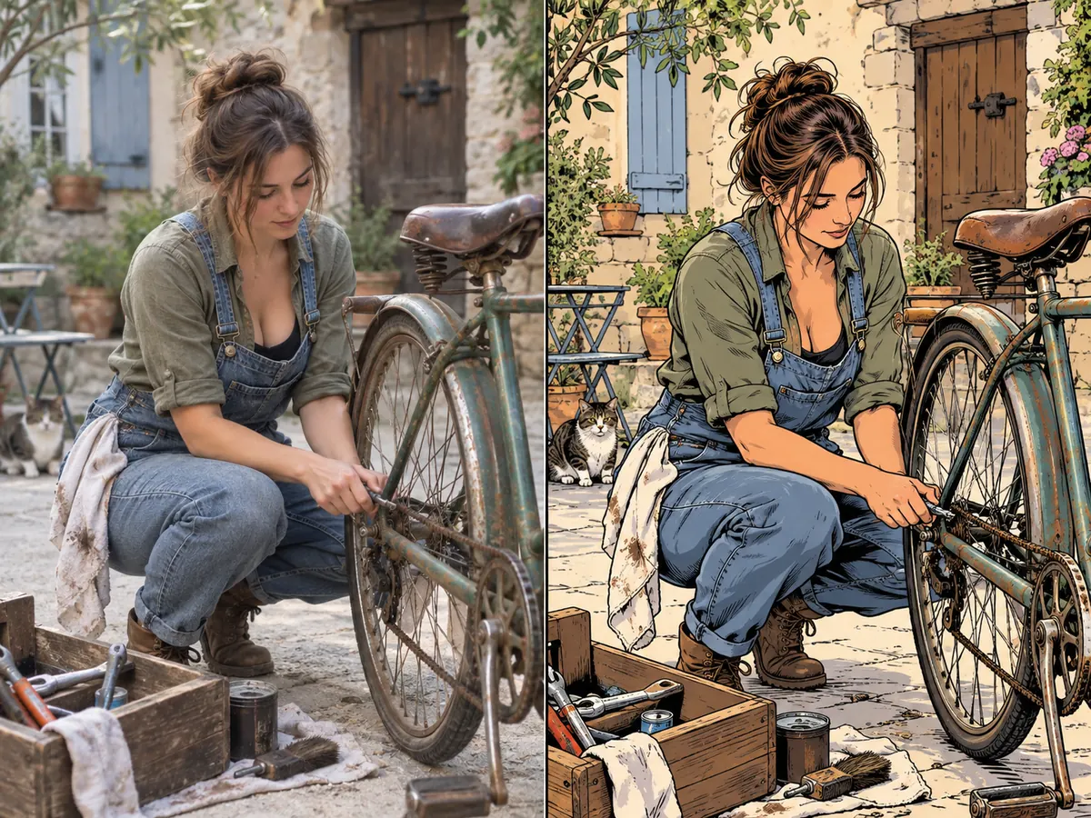 Illustrative photo-to-comic study of a fictional adult repairing a bicycle